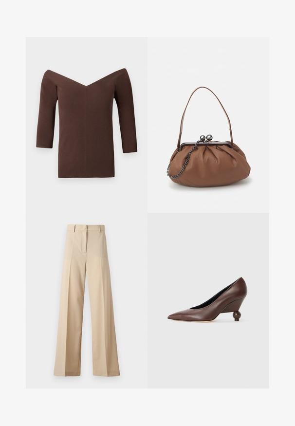 Braun geripptes Off-Shoulder-Top mit V-Ausschnitt, ausgestattet mit Dreiviertelärmeln und einer figurschmeichelnden Silhouette. Glatte Textur überall.; Beige weite Hosen aus glattem Stoff, mit einem flachen Vorderteil mit Falten, einem Reißverschluss und Gürtelschlaufen. Insgesamt eine taillierte Passform.; Braune Leder-Wedge-Pumpe mit spitzem Zeh und runder, ballförmiger Ferse. Glatte Textur mit einem schlichten Design und minimalen Akzenten.; Braune Leder-Handtasche mit gerafftem Design, einem kurzen Ledergriff und einem Kettenriemen. Sie verfügt über einen silbernen Metallverschluss mit zwei runden Akzenten.
