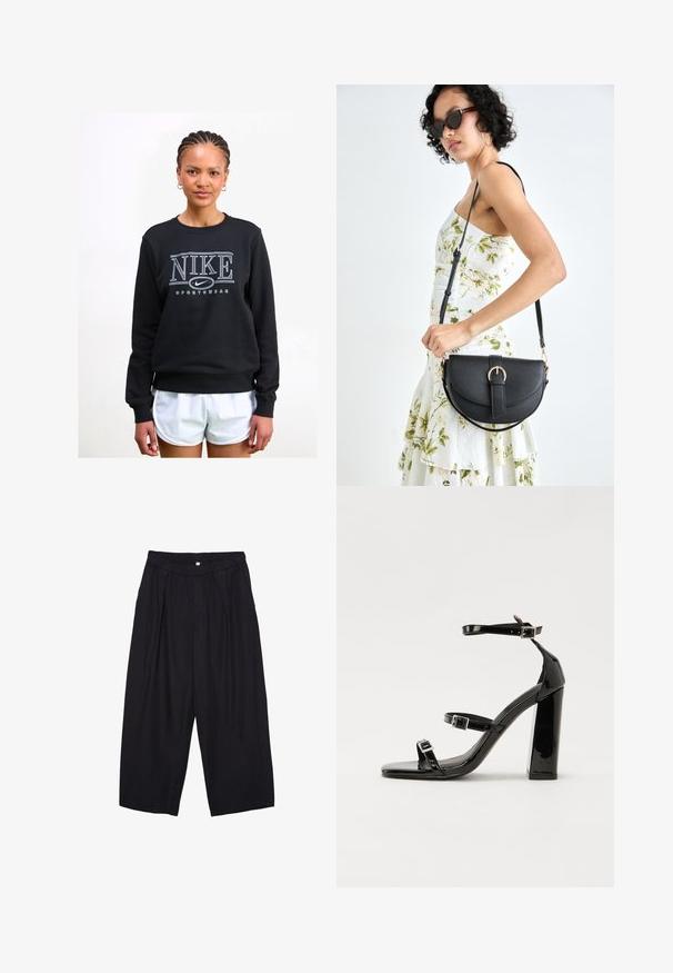 Čierna mikina s okrúhlym výstrihom, s veľkým bielym logom "NIKE" a textom "SPORTSWEAR" pod ním, vyrobená z mäkkej tkaniny.; Čierne polyesterové culotte nohavice s elastickým pásom, dvoma prednými záhybmi a voľným strihom. Žiadne viditeľné vzory ani detaily z kovu.; Čierne lakované sandále na podpätku so štvorcovou špičkou, navlečenými remienkami okolo členku a striebornými prackami. Disponujú masívnym blokovým podpätkom pre stabilitu.; Čierna kožená kabelka s zaobleným tvarom, odnímateľným popruhom a zlatými doplnkami. Kabelka má klopu s detailom s prackou.