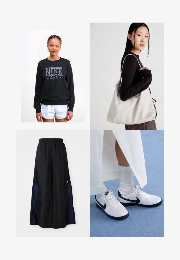Fekete pulóver kerek nyakkivágással, nagy fehér "NIKE" logóval és alatta "SPORTSWEAR" felirattal, puha anyagból készült.; Fekete, bő szárú nadrág könnyű anyagból, tengerészkék oldalsó panellel és elasztikus derékkal. Kicsi fehér logó az alján.; Fehér Nike sportcipők fekete kiegészítőkkel, sima bőrből készült felsőrésszel, fehér cipőfűzőkkel és strapabíró gumitalppal, fehér bordás zoknival párosítva.; Puha anyagból készült bézs kézitáska, laza dizájnnal, varrott részletekkel és két vállpánttal. Mindennapi használatra alkalmas.