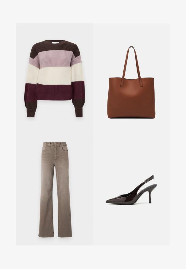 Suéter de malha com riscas horizontais em castanho escuro, roxo claro, creme e bordô. Gola redonda e mangas longas com punhos canelados.; Jeans castanhos de cintura alta, de perna reta, com botão frontal, passantes para cinto e design clássico de cinco bolsos em fundo branco.; Sapato de salto alto tipo slingback em verniz castanho escuro brilhante, com bico apontado, laterais abertas e tira ajustável ao tornozelo.; Bolsa tote de couro castanho com uma textura suave, design de abertura superior e duas alças para o ombro. Apresenta costura mínima e sem hardware visível.
