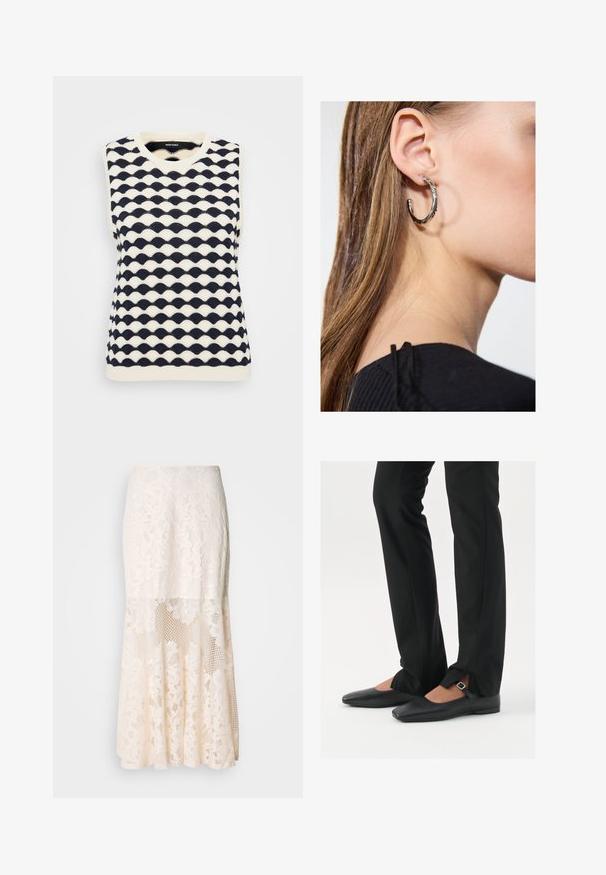 Jūrų kapas ir kremas be rankovių megztas džemperis su bangų raštu, V formos iškirpte ir gaderiuotu apvadu. Pagamintas iš švelnios, tekstūruotos medžiagos.; Gėlėta nėriniuota midi sijonas kreminės spalvos; turi sluoksniuotą dizainą su permatomomis dalimis, tekstūruotais nėriniais ir išplatėjusia apatine dalimi.; Juodų odinių balerinų batų su smailiu priekiu, juostele su sidabro sagtimi, derinami su juodomis pritaikytomis kelnėmis, turinčiomis plyšinį hemą.; Sidabrinė lankinė auskarai su poliruotu paviršiumi, turintys mažus auksinius akcentus ir apvalią formą, dėvimi ant ausies kaušelio.