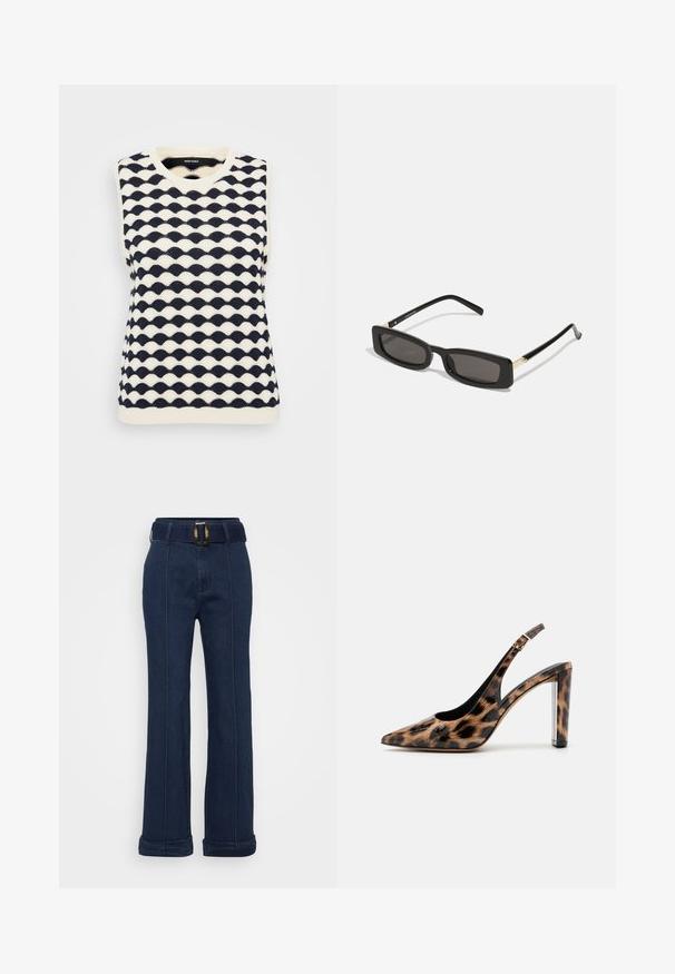 Navy- und cremefarbener ärmelloser Strickpullover mit Wellenmuster, V-Ausschnitt und geripptem Saum. Hergestellt aus einem weichen, strukturierten Stoff.; Zwei Tanktops in Weiß und Dunkelgrau mit gerippter Textur, rundem Ausschnitt und ärmellosem Design. Die Etiketten befinden sich im Innenausschnitt.; Dunkelblaue Jeanshose mit weit geschnittenem Bein, ausgestattet mit einem Gürtel mit großer metallischer Schnalle und sichtbaren Nähtelementen.; Pumps mit Leopardenmuster im Slingback-Stil, spitz zulaufend und mit transparentem Blockabsatz. Hergestellt aus glänzendem Material mit glatter Oberfläche.; Schwarze rechteckige Sonnenbrillen mit dunklen Gläsern, glänzenden Kunststoffrahmen und goldenen Akzenten an den Bügeln. Minimalistisches Design und schlanke Form.