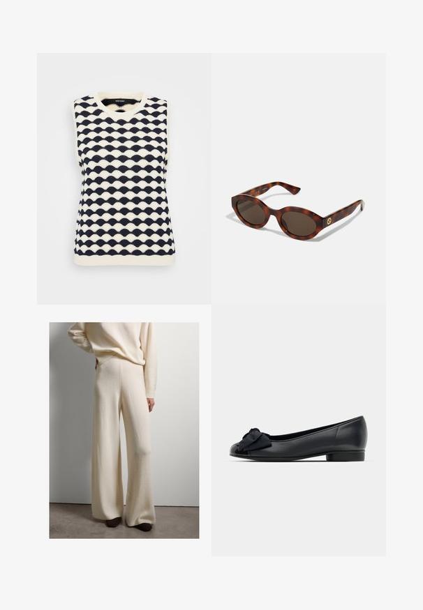 Navy- und cremefarbener ärmelloser Strickpullover mit Wellenmuster, V-Ausschnitt und geripptem Saum. Hergestellt aus einem weichen, strukturierten Stoff.; Hose mit weit geschnittenem Bein aus weichem weißen Strickstoff, hoch geschnitten mit glatter Textur, ausgestattet mit geripptem Bund und Bündchen. Kombiniert mit dunklen Schuhen.; Schwarze Leder-Ballerinas mit runder Zehenpartie, ausgestattet mit einer Klarsichtlederkappe und einem Stoffschleifenakzent auf der Vorderseite. Niedriger, stabiler Absatz.; Schildpatt-Sonnenbrillen mit runden Rahmen, dunklen Gläsern und goldfarbener Logodetailierung an den Schläfen. Glattes Kunststoffmaterial, keine sichtbaren Muster.; Goldener Perlenring mit einem kreisförmigen Design und gleichmäßig verteilten glänzenden runden Perlen, die ein glattes, strukturiertes Aussehen erzeugen.