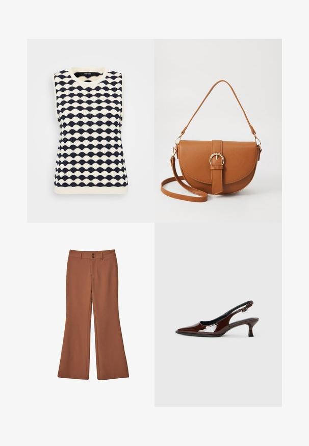 Navy- und cremefarbener ärmelloser Strickpullover mit Wellenmuster, V-Ausschnitt und geripptem Saum. Hergestellt aus einem weichen, strukturierten Stoff.; Braune, ausgestellte Hosen aus weichem Stoff. Sie verfügen über zwei vordere Knöpfe und eine glatte Textur ohne sichtbare Muster oder Akzente.; Braune Lackleder-Slingback-Schuhe mit spitzer Zehe und moderatem Absatz. Mit einem Schnallenriemen für einen sicheren Sitz. Glatte Textur.; Braune Leder-Crossbody-Tasche mit geschwungener Form, goldfarbenen Beschlägen und einer Schnallenakzentuierung. Verfügt über einen abnehmbaren Schultergurt.