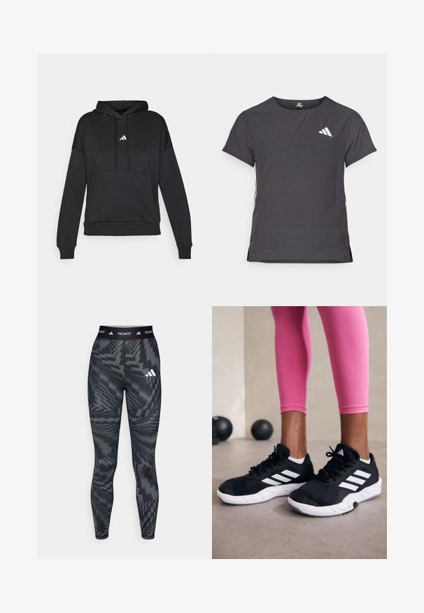 Svart hettegenser med lomma foran, med en liten hvit Adidas-logo. Laget av myk stoff, med ribbestrikkede mansjetter og nederkant.; Kortermet treningstrøye, mørkegrå med perforert tekstur. Har en hvit logo og kontrasterende side-striper. Rund halslinje.; Svart og grå mønstrede tights med tettsittende passform, laget av glatt materiale, med en elastisk midjebånd merket "TECHFIT" og tre-stripes logo.; Svarte treningssko med hvite striper, teksturert mesh-overdel og hvit såle. Brukt med rosa leggings, som viser frem treningsklær.