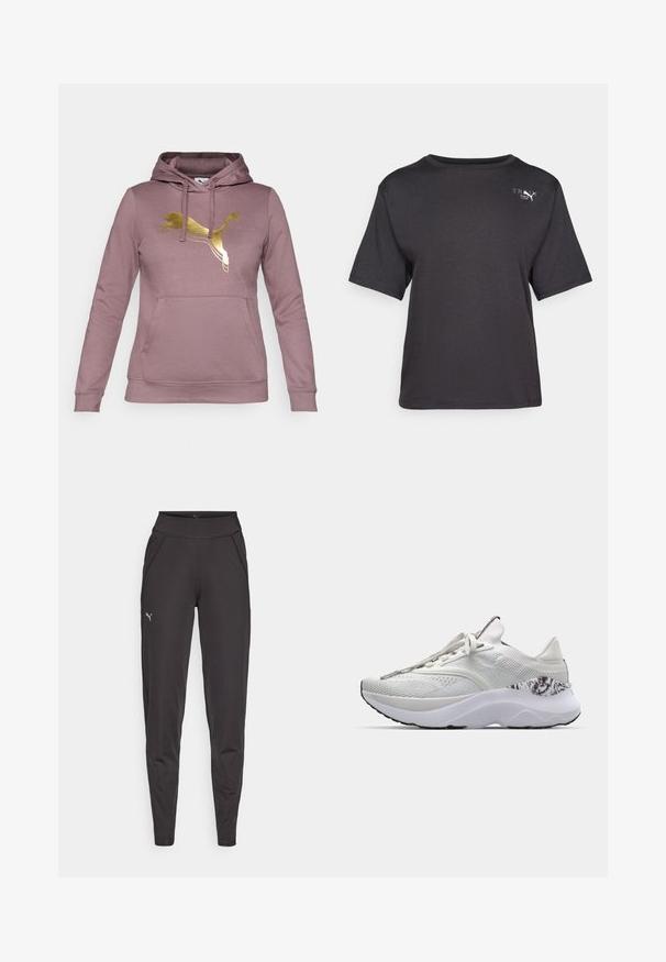 Růžová mikina vyrobená z měkké tkaniny, se zlatým logem Puma na hrudi, klokaní kapsou a nastavovací kapucí se šňůrkou.; Černé tričko s krátkým rukávem vyrobené z jemné látky, s kulatým výstřihem a malým logem na levém horním boku.; Černé sportovní legíny z elastického materiálu, s vysokým pasem, bočními kapsami a malým reflexním logem na levém stehně.; Bílé sportovní boty s texturovanou vrchní částí, kulatou špičkou a polstrovanou podešví. Obsahují vzorovaný akcent poblíž paty a ploché šňůrky.