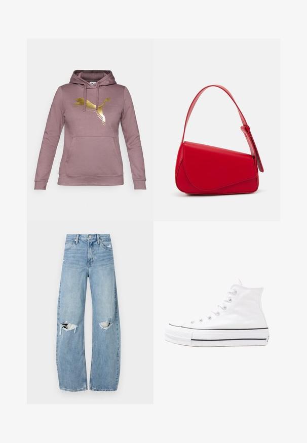 Rosa hoodie i mjukt tyg, med en gold Puma-logga på bröstet, en kängerulapp och justerbar dragsko på huvan.; Ljusblå, högmidjade jeans i denim. Har vida ben, två slitna knäområden och klassisk femfickedesign.; Vit hög topp canvas sneaker med svart gummisulan, framsidan gummitåhätta och sex öglor för snören, med en ren, minimalistisk design.; Röd läderhandväska med en vinkelrät, geometrisk design. Har ett justerbart axelband och en klaffstängning med sydda detaljer.