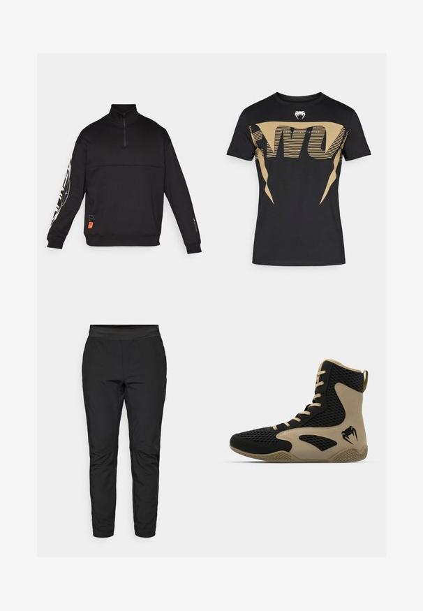Maglione nero con collo alto, zip a metà e maniche lunghe. Presenta pannelli testurizzati e grafiche bianche sulle maniche.; Maglietta nera in cotone con un grande e audace motivo grafico dorato a strisce e logo cobra sul petto. Taglio classico con scollo rotondo.; Pantaloni neri elasticizzati con un design aderente, vita elastica e tasche con zip. Texture liscia con una finitura leggermente lucida.; Scarpa sportiva alta con esterno in rete nera e dettagli color beige. Suola in gomma testurizzata e logo sul lato.