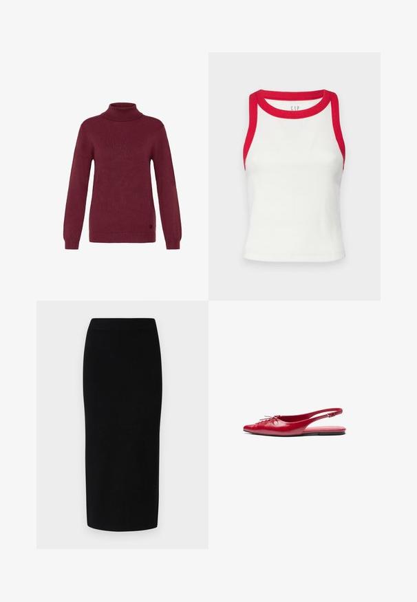 Burgunderfarbener Rollkragenpullover aus geripptem Strickstoff, mit langen Ärmeln und engen Bündchen, sowie einem runden Logoakzent am Saum.; Weißes, geripptes Tanktop mit rotem Saum an Hals und Armöffnungen. Das Design ist enganliegend und hat einen geraden Saum. Strukturierter Stoff. Markenzeichen sichtbar.; Schwarzer Strick-Midirock mit einer taillierten Silhouette, ausgestattet mit einem breiten elastischen Bund und glatter Textur, ohne erkennbare Muster oder Akzente.; Rote Leder-Slingback-Ballerina mit spitzem Zehenbereich und dekorativem Schnürdetail an der Vorderseite, ausgestattet mit einem schmalen Knöchelriemen und flachem Fußbett.