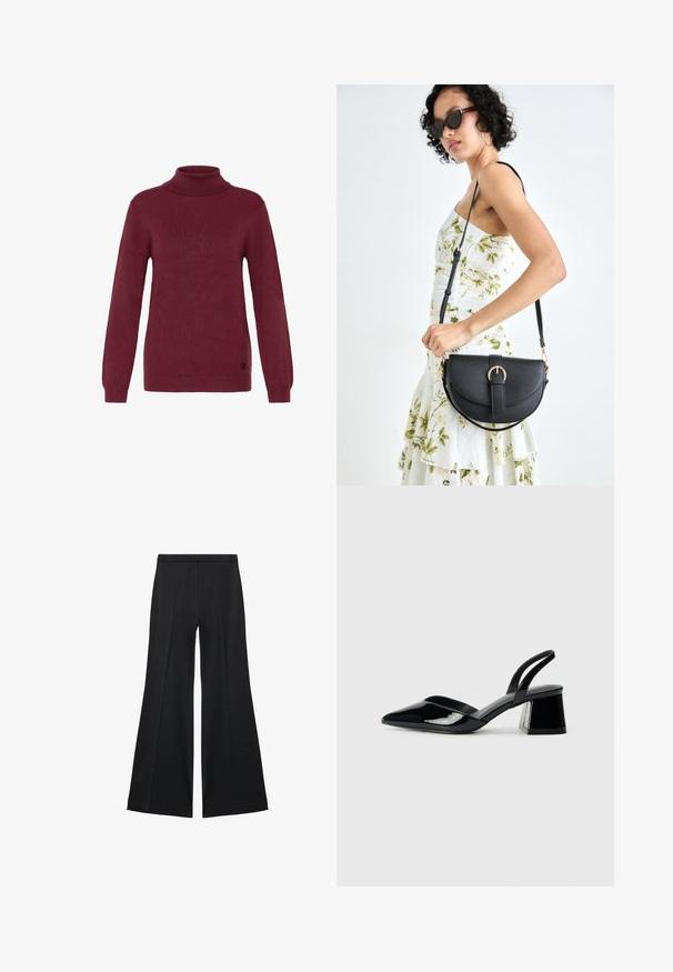 Burgundský rolák vyrobený z ribbed úpletu, s dlhými rukávmi a priliehajúcimi manžetami, s okrúhlym logom na spodnom okraji.; Čierne široké nohavice s hladkou textúrou, s prednými záhybmi a elegantným strihom. Materiál je ľahký a pruhlý.; Čierne lakované kožené sandálové podpätky s špicatou špičkou a geometrickým blokovým podpätkom. Disponujú elegantným, minimalistickým dizajnom a hladkým povrchom.; Čierna kožená kabelka s zaobleným tvarom, odnímateľným popruhom a zlatými doplnkami. Kabelka má klopu s detailom s prackou.