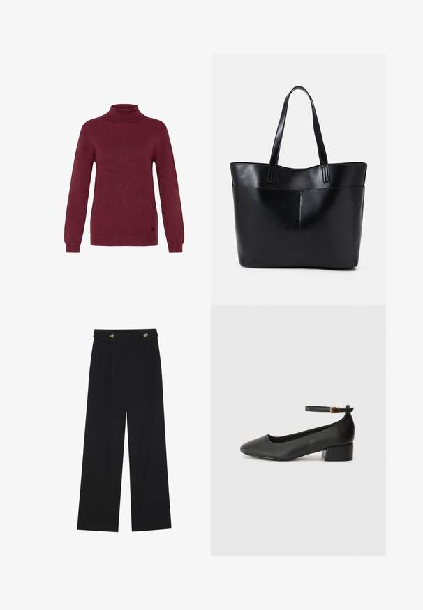 Burgundowa sweter z golfem wykonany z żebrowanej dzianiny, z długimi rękawami i dopasowanymi mankietami, z okrągłym logo na dole.; Czarne szerokie spodnie z wysokim stanem, z detalami w postaci guzików na pasku oraz plisami z przodu.; Czarne skórzane szpilki z ostrym noskiem i niskim słupkowym obcasem. Wyposażone w pasek na kostkę z złotym zapięciem. Gładka tekstura.; Czarna skórzana torba na ramię z dwoma długimi uchwytami, gładką teksturą i sztywną formą. Posiada przednią kieszeń dla dodatkowego przechowywania.