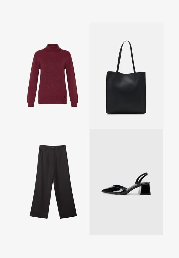 Bordo pulover s turtleneck ovratnikom, izdelan iz rebraste pletenine, z dolgimi rokavi in prilegajočimi manšetami, z okrožnim logotipom na robu.; Črne široke hlače iz gladkega materiala, z sprednjim zadrgo in dvema stranskima žepoma, s prilagojenim krojem in minimalističnim dizajnom.; Črne lakirane slingback pete s koničastim nosom in geometrijsko blokasto peto. Imajo eleganten, minimalističen dizajn in gladko teksturo.; Črna usnjena torba s svilnato teksturo, pravokotne oblike in dvema dolgima ročajema. Brez vidnih metalnih delov ali okrasnih elementov.