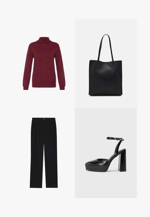 Bordeaux turtleneck sweater van geribd breiwerk, met lange mouwen en aansluitende boorden, met een cirkelvormige logo-accent aan de zoom.; Zwarte corduroy broek met een rechte snit, voorzien van een vlakke tailleband en zonder zichtbare zakken, een gladde textuur en verticale ribbelstructuur.; Zwarte plateauhakken met een puntige neus en verstelbare enkelband. Gemaakt van soepel leer, met een robuuste blokhak.; Zwarte leren handtas met een gladde textuur, rechthoekige vorm en twee lange handvaten. Geen zichtbare hardware of versieringen.