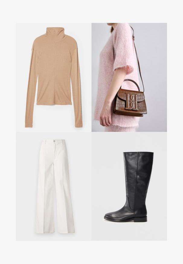 Haut long beige clair à col montant et fermeture éclair au dos, fabriqué dans un tissu doux et lisse ; présente un design ajusté et un ourlet droit.; Pantalons blancs à jambes larges en coton avec une texture douce. Comprend un bouton à l'avant, une fermeture éclair et un design à quatre poches.; Botte en cuir noire jusqu'au genou avec un petit talon et un bout arrondi, présentant des détails de couture le long de la tige et de l'empeigne.; Sac à main en cuir d'alligator brun avec une poignée supérieure et une bandoulière. Présente un logo proéminent sur le rabat avant. Texture douce.