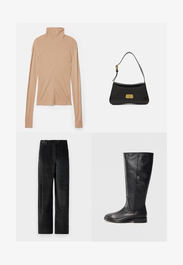 Maglietta a maniche lunghe beige chiaro con colletto alto e zip sul retro, realizzata in un tessuto morbido e liscio; presenta un design aderente e un orlo dritto.; Pantaloni neri a gamba larga, strutturati e con un tessuto ben definito, caratterizzati da pieghe frontali e una vita piatta. Design classico per molta versatilità.; Stivale in pelle nera altezza ginocchio con tacco basso e punta arrotondata, che mostra dettagli di cucitura lungo il gambale e la tomaia.; Borsa a tracolla in pelle nera con un design curvo, accentuata da una placca del logo dorata e una tracolla sottile. Texture liscia con una finitura elegante.