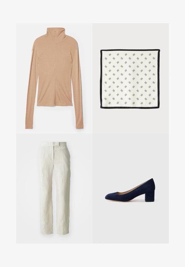 Light beige long-sleeve top with high collar and a back zip, made of a soft, smooth fabric; features a fitted design and straight hem.; White linen trousers with a tailored fit, featuring a flat front and straight legs. Smooth texture with slight creasing detail.; Navy blue suede pump with a pointed toe and a mid-height block heel. Smooth texture with a subtle sheen and a small cutout at the front.; White silk scarf featuring a repeating black geometric pattern, bordered with a solid black edge. Lightweight with a smooth texture.