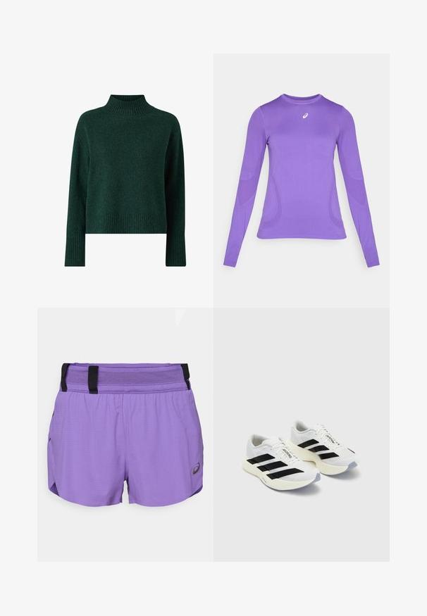 Ellos Collection Strickpullover - grün; Langärmliges Sportoberteil aus leicht lila Stoff, mit einer figurbetonten Passform, rundem Halsausschnitt und subtiler Textur sowie Logodetail auf der Brust.; ASICS METARUN SPLIT SHORT - Kurze Sporthose - edo purple; Weiße Sportschuhe mit schwarzen Streifen und Branding, ausgestattet mit einem oberen Mesh, abgerundeter Zehenpartie und dicke cremefarbene Sohle für Dämpfung.