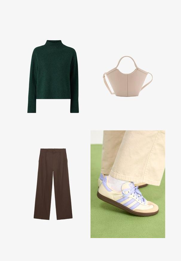 Ellos Collection Pullover - grün; Pantalons larges marron en tissu lisse, avec une taille haute, des plis à l'avant et deux poches latérales.; Baskets crème et lavande avec trois bandes et une semelle marron texturée, dotées de lacets et d'un talon rembourré. Tige en tissu doux.; Sac à main en cuir beige avec une forme unique, doté de deux poignées courtes et d'une longue sangle réglable. Texture lisse avec un minimum de matériel.