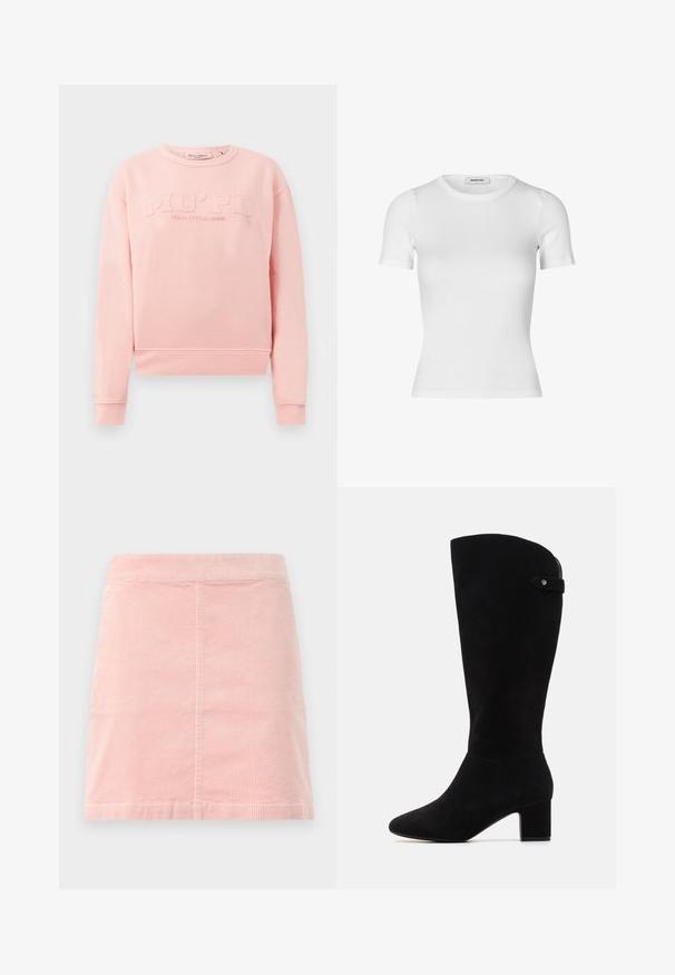 Pink sweatshirt made of soft fabric, featuring ribbed cuffs and hem. The front displays embossed text "MO'PD Marc O'Polo DENIM."; White short-sleeve t-shirt made from ribbed material. Features a round neckline and a fitted silhouette. Smooth texture with no patterns.; Pink corduroy mini skirt with a fitted waist and vertical ribbed texture. The hem is straight, and it features a simple design with no embellishments.; Black suede knee-high boots with a pointed toe and block heel. Features a smooth texture and a simple design, with a side strap accent.