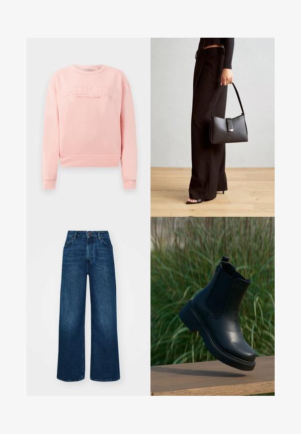 Rozā sporta krekls, kas izgatavots no mīksta auduma, ar ribotām piedurknēm un apakšmalu. Priekšpusē ir reljefais uzraksts "MO'PD Marc O'Polo DENIM."; Augsti vidukļa, plata kāju džinsi tumši zilā denima ar gludu tekstūru, kontrastējošu šuvju un piecu kabatu dizainu. Priekšpuses pogu aizdare.; Melnās ādas potītes zābaki ar elastīgām sānu daļām, noapaļota pirksta forma un bieza platformas zole, izvietoti uz koka virsmas.; Melnā somiņa ar strukturētu formu, gludu tekstūru un metālu sprādzi. Saskaņota ar platām melnām biksēm un sandālēm ar atvērtu purngalu uz koka grīdas.