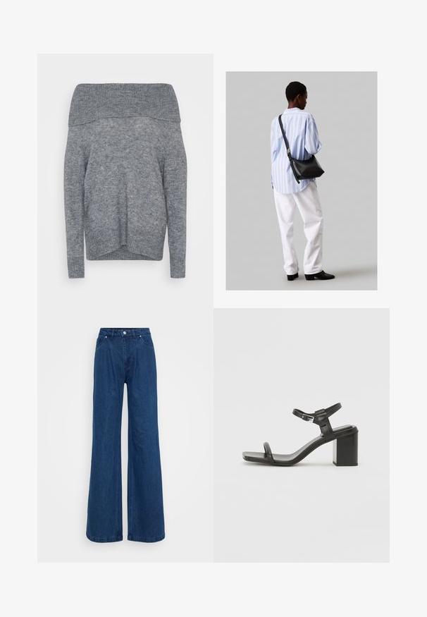 Pulover gri cu umerii goi, textura moale, mâneci lungi, tiv și decolteu riglate, design casual, croială ușor lejeră, stil minimalist.; Jeans din denim albastru, cu pantaloni largi, talie înaltă, închidere cu buton și fermoar frontal, și buzunare în față și în spate, pe un fundal simplu.; Sandal din piele neagră cu toc bloc, cu o curea lată peste degete și o curea ajustabilă la gleznă, având un design elegant și minimalist.; Geantă de umăr din piele neagră cu o textură moale, formă triunghiulară și curea ajustabilă, asortată cu o bluză cu dungi albastre deschise și pantaloni albi.