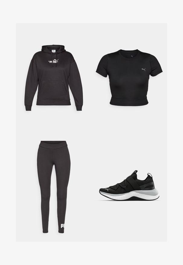 Čierna mikina s kapucňou vyrobená z mäkkej tkaniny, s predným vreckom, kapucňou so sťahovacou šnúrkou a bielym logom Puma na hrudi. Voľný strih a dlhé rukávy.; Čierny crop top s krátkym rukávom vyrobený z hladkého, elastického materiálu, s jemným logo na hrudi a priliehavým strihom.; Čierne legíny vyrobené z elastického materiálu, s vysokým pásom a bielym logom potlačeným na dolnej časti ľavej nohy. Hladký povrch.; Čierne športové topánky s textúrovaným zvrškom, elastickými pásikmi a hrubou bielou medzipodrážkou. Obsahujú sivý akcent pozdĺž podrážky.
