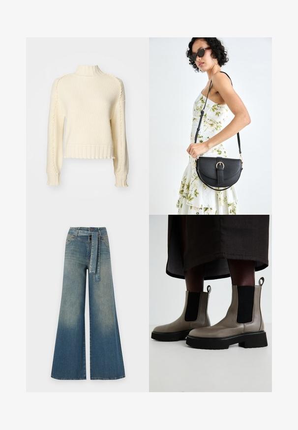 Cremfarbener, gerippter Pullover mit hohem Kragen, langen Ärmeln und gewellten Details entlang der Nähte und des Saums. Strukturiert verarbeitetes Gewebe.; Weit geschnittene Denim-Hosen mit einem Farbverlauf von hellblau zu dunkelblau, hoher Taille, Gürtelschlaufen und einem passenden Stoffgürtel. Strukturierte Denim-Oberfläche.; Graue Knöchelstiefel aus strukturiertem Leder mit elastischen seitlichen Einsätzen und einer klobigen schwarzen Sohle. Mit Zugschlaufen für einfaches An- und Ausziehen.; Schwarze Lederhandtasche mit geschwungener Form, abnehmbarem Tragegurt und goldenen Beschlägen. Die Tasche verfügt über einen Deckel mit einer Schnallen-Details.