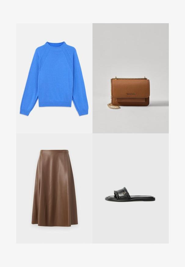 Kék kötött pulóver magas nyakkal, raglán ujjakkal és bordázott mandzsettákkal. Simább textúrájú és egységes színű, látható minták vagy kiegészítők nélkül.; Barna bőrből készült A-vonalú szoknya sima textúrával és közepes hosszúságú szegéllyel. Fitted derékrésszel rendelkezik és enyhén bővül a csípőnél.; Fekete bőr szandál szőtt pánt részlettel, lapos talppal és letisztult dizájnnal. Sima textúra és minimalista profil.; Barna textúrájú bőr keresztbody táska arany lánc pánttal és fedélzárral. Az elején logó részlet és egy zseb található a fedél alatt.