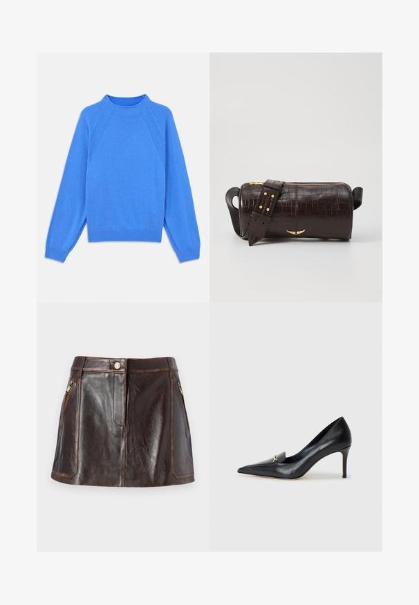 Modra pletena jopica z visokim ovratnikom, raglan rokavi in rebrastimi manšetami. Gladka tekstura in enaka barva, brez vidnih vzorcev ali dodatkov.; Rjava usnjena mini krilo z elegantno zasnovo, dvema stranskima žepoma na zadrgo in kontrastnim šivanjem ob robovih.; Črne usnjene pumpe s špicastim nosom, nizkim vampom in dekorativnim zlatim akcentom. Imajo stiletto peto in gladko teksturo.; Brah blaženka iz rjavega usnja z embosiranim krokodilom, cilindrične oblike, zlatih kovinskih elementov in odstranljivim pasom, ki vsebuje žebljičke.