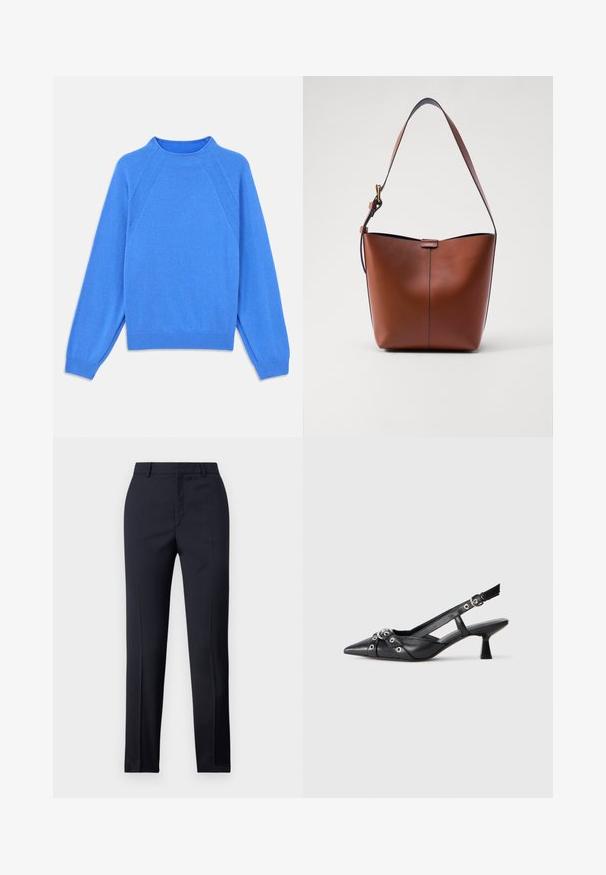 Blå stickad tröja med hög krage, raglanärmar och ribbade manschetter. Slät textur och jämn färg, utan synliga mönster eller accenter.; Marinblå skräddarsydda byxor med rak passform, med en slät textur, två framfickor och en ren midjeband.; Svart lädersko med slingback-design, spetsig tå, dekorativa remmar med metallöglor och en låg klack. Texturerad yta.; Brun läderaxelväska med en böjd form, slät yta och ett enda tunt band. Har en subtil söm och en liten logotypdetalj.