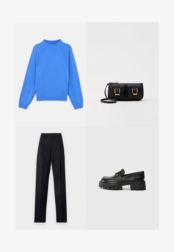 Mėlynas megztinis su aukštu apykakle, raglan tipo rankovėmis ir ilgaamžiais manžetais. Lygi tekstūra ir vientisa spalva, be matomų raštų ar akcentų.; Juodos kelnės iš lygaus audinio, pasižyminčios aukštu liemeniu, plačiomis kojomis, priekinėmis klostėmis ir klasikiais diržo kilpomis. Šoninių kišenių nematyti.; Juodi odiniai loafers batai su masyviu padu, papuošti auksiniu akcentu priekyje ir lygiu paviršiumi. Masyvi protektoriaus dizaino išvaizda padais.; Juodas odinis per petį nešiojamas krepšys su dviem priekiniais kišenėmis, auksiniais sagtimis, užtrauktuko uždarymu ir siauromis petnešomis. Textūruota paviršius ir kompaktiškas stačiakampis formatas.