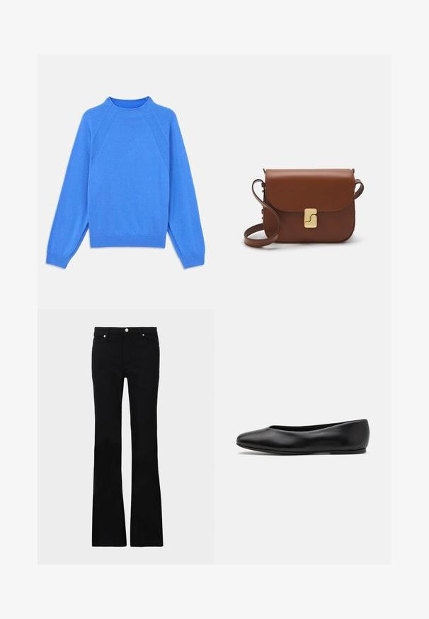 Maglione lavorato a maglia blu con colletto alto, maniche raglan e polsini a coste. Tessuto liscio e colore uniforme, senza motivi o accenti visibili.; Jeans neri svasati in denim, dotati di due tasche anteriori, chiusura con bottone e una texture liscia. Cuciture iconiche visibili nei punti di giuntura.; Paul Smith TOPANGA - Ballerine - black; Borsa a tracolla in pelle marrone con chiusura a pattina, hardware color oro, tracolla e una finitura liscia. Forma rettangolare compatta.