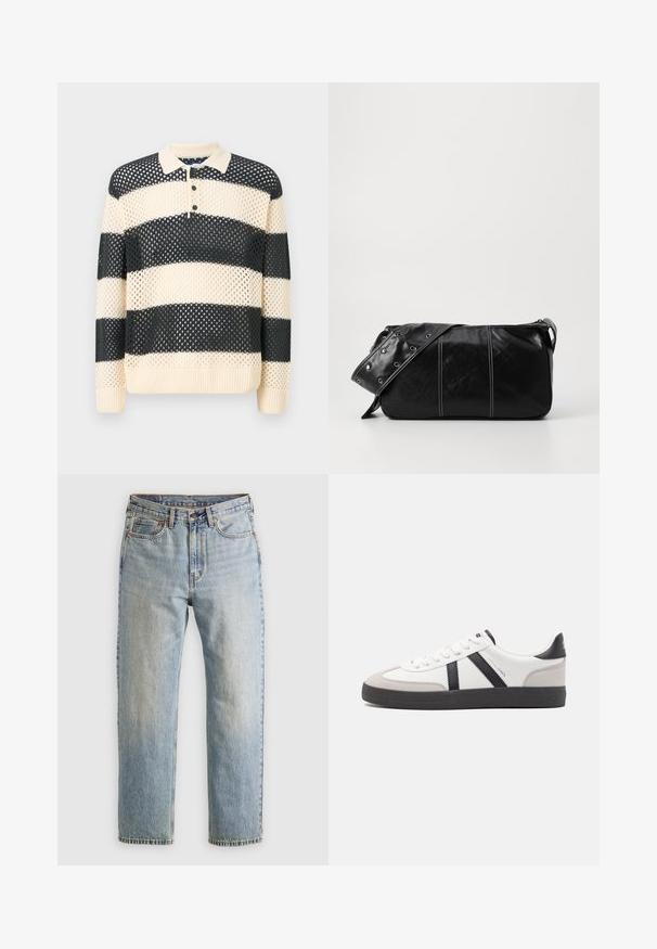 Pull en tricot avec des larges rayures alternées bleu marine et crème, un col polo et une patte de boutonnage à trois boutons. Tissu en maille texturée.; Jean en denim bleu clair à taille haute, avec bouton avant, fermeture éclair et design à cinq poches, posé à plat sur un fond neutre.; Baskets blanches avec des accents noirs et gris, présentant un embout texturé gris, une semelle en caoutchouc noir et des lacets plats blancs. Design épuré, style minimaliste.; Sac à épaule en cuir noir avec une fermeture éclair, doté d'un corps texturé, de coutures blanches et d'une sangle avec des œillets en argent.