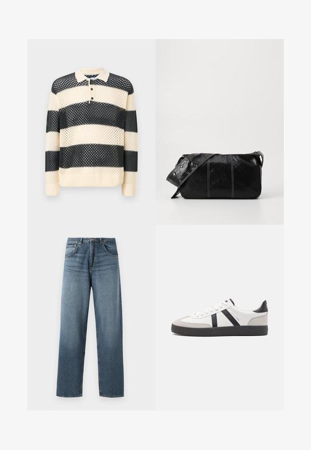 Pullover in maglia con ampie strisce alternate blu navy e crema, colletto a polo e patta con tre bottoni. Tessuto a rete testurizzato.; Jeans in denim blu a gamba dritta con un lavaggio sbiadito, dotati di cinque tasche, bottone in metallo e passanti per cintura. Tessuto strutturato di peso medio.; Sneaker bianco con accenti neri e grigi, dotata di una punta grigia testurizzata, suola in gomma nera e lacci bianchi piatti. Design pulito, stile minimalista.; Borsa a spalla in pelle nera con chiusura a zip, caratterizzata da un corpo testurizzato, cuciture bianche e una tracolla con occhielli in argento.