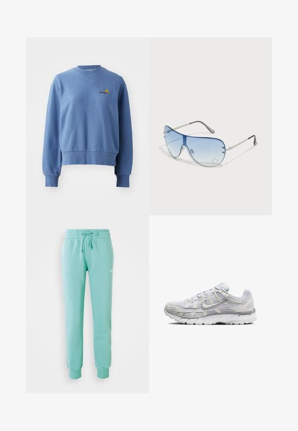 Sweatshirt azul em algodão com punhos e bainha canelados. Apresenta um pequeno logótipo bordado no peito. Gola redonda, ajuste casual.; Calças de moletão verde menta com uma cintura elástica, cordão e punhos canelados. Apresenta um pequeno logotipo branco da Nike na coxa esquerda.; Sapatos atléticos cinza claro com parte superior em malha e sintético, apresentando um fecho de cordões, colarinho acolchoado e sola texturizada para aderência.; Óculos de sol aviador com lentes azuis em degradê, armação metálica prateada e detalhes decorativos de estrelas nas lentes. Design suave e elegante.