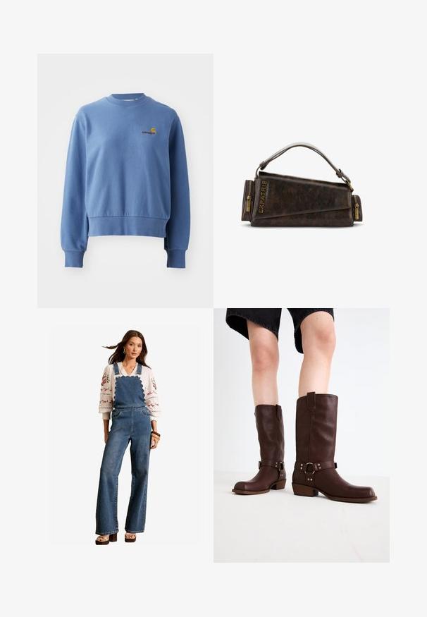 Sweatshirt en coton bleu avec poignets et ourlet côtelés. Présente un petit logo brodé sur la poitrine. Col rond, coupe décontractée.; Salopette en denim avec un design festonné au niveau du bavoir, jambes évasées et poches latérales. Associée à un blouse blanche brodée et des accessoires en bois.; Bottes en cuir marron jusqu'au genou avec un bout arrondi, une surface texturée, une sangle au niveau de la cheville et des détails en métal argenté ; talon empilé.; Sac à main en cuir marron avec un design géométrique, doté d'une poignée supérieure et de détails en laiton sur la fermeture éclair. Logo embossé sur le côté.