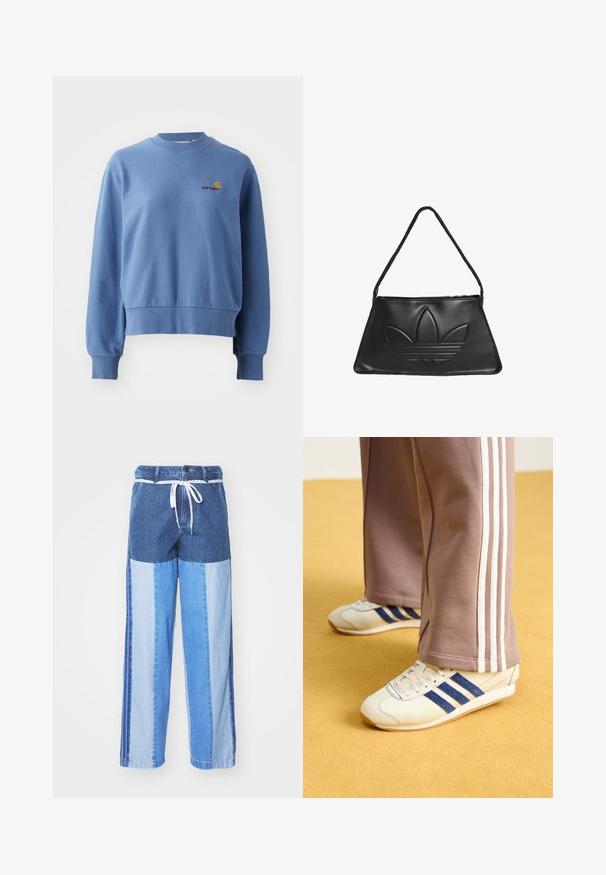 Sininen puuvillaneule, jossa on ribbaatut hihansuut ja helma. Rintamuksessa pieni brodeerattu logo. Pyöreä kaula-aukko, rento malli.; Siniset farkut, joissa on erilaisia sinisen sävyjä sisältävä palapeli-tyylinen suunnittelu, kiristysnyöri vyötäröllä sekä löysät suorat lahkeet.; Kreemi kengät sinisillä mokkanahka raidoilla, valkoisilla nauhoilla ja kumipohjalla. Yhdistetty harmaisiin verkkareihin, joissa on valkoiset sivuraidat.; Musta nahkakäsilaukku trapetsinmuotoisella muotolla, jossa on kohotettu Adidas-logo ja ohut olkahihna. Vetoketjukiinnitys ylhäällä.