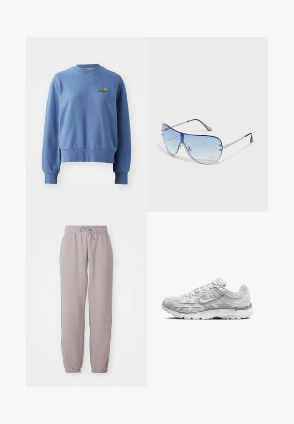 Sinine puuvillane spordipluus ribitud varrukate ja lõpetustega. Ees väike tikandiga logo. Ümmargune kaelusekuju, vaba istuvus.; Heled lilla fliisist valmistatud dressipüksid, millel on elastne vöökoht, nööri tõmbamise võimalus, küljetaskud ja elastsed mansetid, näidatud tasapinnal valge tausta peal.; Heledad hallid spordijalatsid, millel on sidesilmustega ja sünteetilisest ülemisest osa, pehme krae ning tekstuuriga põhi, mis tagab haarduvuse.; Aviatori prillid, millel on gradient sinine objektiiv, hõbedane metallraam ja dekoratiivsed staaraktsendid objektiivil. Sujuv ja stiilne disain.
