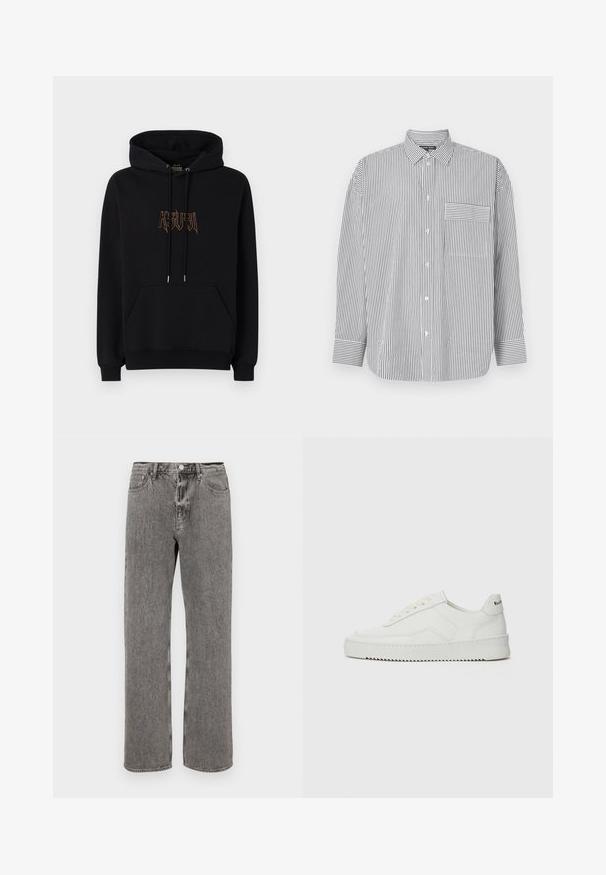 Juodas medvilnės džemperis su kapišonu, turintis kengūrinę kišenę, raištelį kapišone ir išsiuvinėtą logotipą kontrastinga spalva priekyje.; Juostelėta marškiniai su knygelės užtrauktuku juoda ir balta spalvomis, su ilgomis rankovėmis, klasikinės apykaklės ir krūtinės kišene su horizontaliomis juostelėmis.; Pilki džinsai su tiesiu kirpimu, penkiomis kišenėmis ir mygtuku užsegimui ant liemens. Subtilus išblukęs tekstūros efektas visame paviršiuje.; Balti odiniai sportiniai bateliai su lygia apdaila, apvaliu pirštu, plokščiais raišteliais ir tekstūruotu padu. Pasižymi subtiliu logotipu ant kulno.