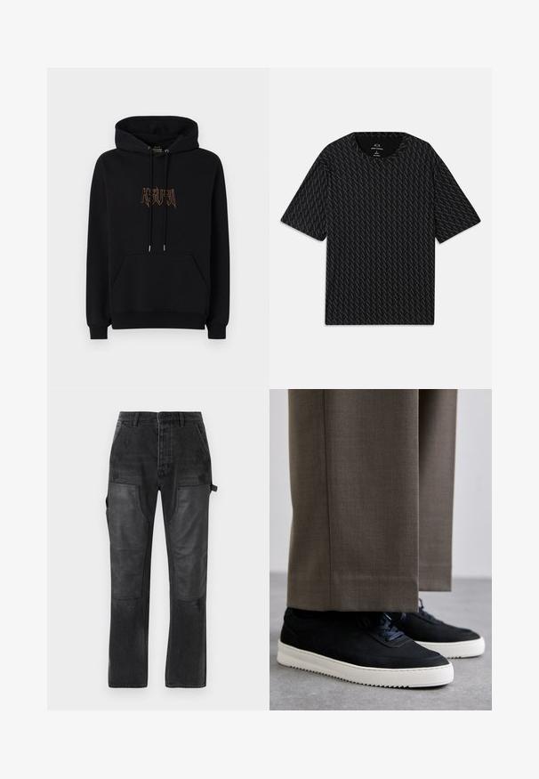 Juodas medvilnės džemperis su kapišonu, turintis kengūrinę kišenę, raištelį kapišone ir išsiuvinėtą logotipą kontrastinga spalva priekyje.; Juodas marškinėliai su tekstūruotu pakaitinių 'A' logotipų raštu, trumpomis rankovėmis ir apvalia iškirpte. Pagaminti iš lengvos medžiagos.; Juodi džinsai su kontrastingomis juodomis odinėmis detalėmis, tiesaus kirpimo dizainas ir subtilūs dėvėjimo ženklai ant medžiagos.; Juodi zomšiniai sportbačiai su baltais guminiais padais, su apvalia nosimi ir raišteliais, dėvimi su pilkais pritaikytais kelnais.