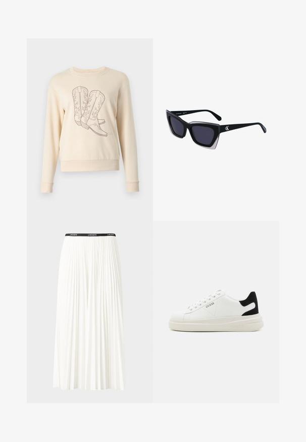 JDY JDYPARIS EMB NOOS - Sweatshirt - whitecap gray; Faltenrock aus Weiß mit einem schwarzen elastischen Bund, der das "LACOSTE"-Logo trägt. Mittellanges Design mit weicher Textur.; Weiße Leder-Sneaker mit einer dicken weißen Sohle, schwarzem Wildlederakzent an der Ferse und geprägtem Logo an der Seite. Schnürdesign mit sechs Ösen.; Schwarze übergroße Sonnenbrille mit geometrischer Form, ausgestattet mit dunklen Gläsern und einem kontrastierenden grauen Detail im Rahmen. Logo am Bügel.