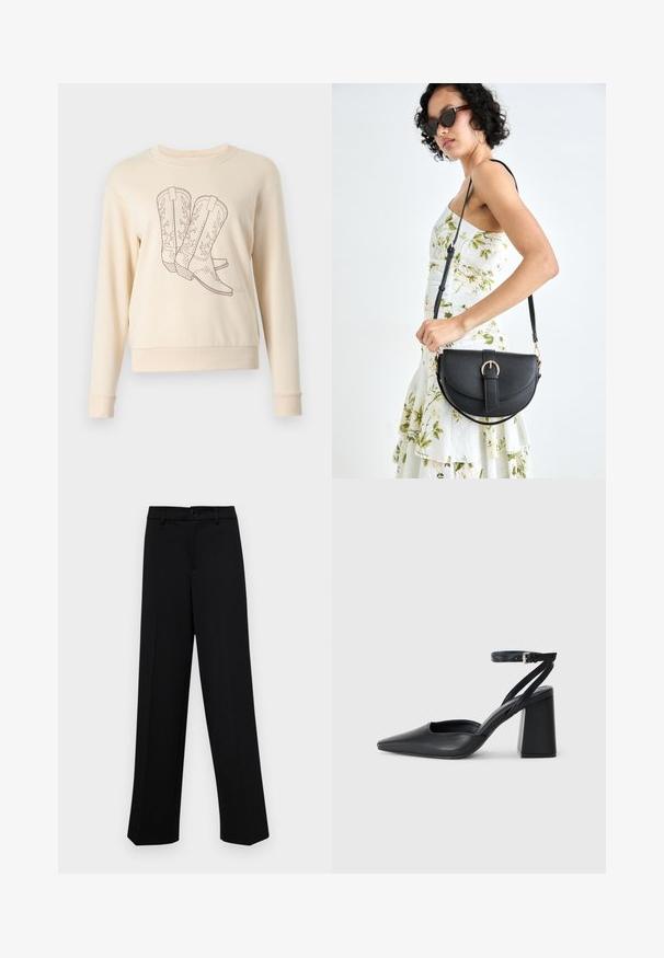 JDY JDYPARIS EMB NOOS - Sweatshirt - whitecap gray; Schwarze, weit geschnittene Hosen aus glattem Stoff, mit einem klassischen Taillenbund und einem Knopfverschluss sowie vorderen Falten.; Schwarze Leder-Pumps mit spitzer Zehe, einem Knöchelriemen und einem blockigen Absatz. Flache Textur, elegantes Design und minimalistische Ästhetik.; Schwarze Lederhandtasche mit geschwungener Form, abnehmbarem Tragegurt und goldenen Beschlägen. Die Tasche verfügt über einen Deckel mit einer Schnallen-Details.