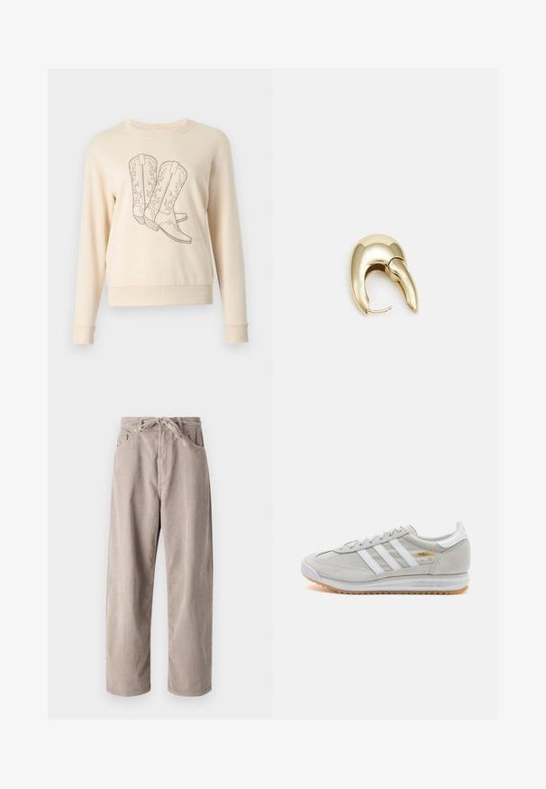 JDY JDYPARIS EMB NOOS - Sweater - whitecap gray; Beige corduroybroek met een losse pasvorm, voorzien van een tailleband met trekkoord, twee voortassen en een verticale ribbelstructuur.; Lichtgrijze sneaker van suede en mesh, met drie witte strepen, ronde neus en een gumrubberen zool. Gouden logo-accent bij de veters.; Gouden metalen oorbel met een slank, gebogen ontwerp. Beschikt over een kenmerkende puntige vorm, gepolijste oppervlakte en scharnier sluiting.