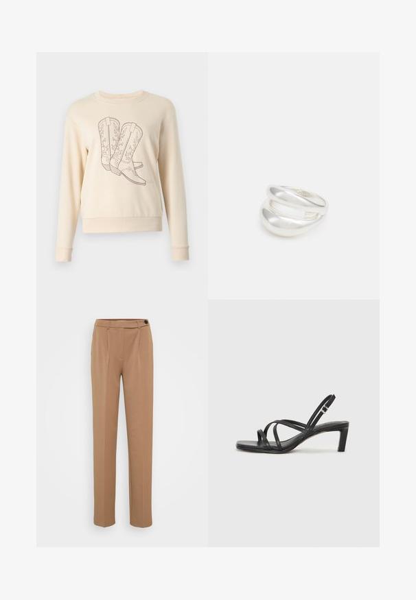 JDY JDYPARIS EMB NOOS - Sweatshirt - whitecap gray; Braune maßgeschneiderte Hose mit geradem Bein, verfügt über einen einzigen Knopfverschluss und einen gefalteten Vorderdesign. Glatte Textur, minimalistischer Stil.; Schwarze Sandale mit Riemchen, quadratischer Zehenform und niedrigem Blockabsatz. Verfügt über mehrere dünne Riemen und einen verstellbaren Knöchelriemen. Hergestellt aus glattem Leder.; Silberner Doppelring mit einer glatten, polierten Oberfläche. Verfügt über ein fließendes, kurviges Design mit überlappenden Abschnitten für einen modernen Look.