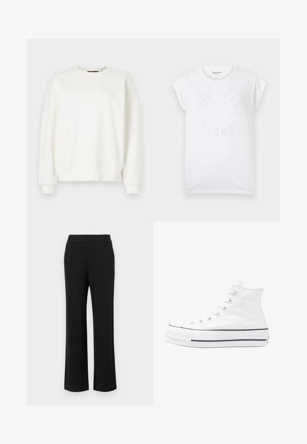Sweatshirt branco com decote redondo, ombros caídos e punhos elásticos, feito de um tecido leve e suave com uma textura lisa.; T-shirt de algodão branca com decote redondo e mangas curtas. Apresenta um design de texto circular em pequenos pontos com a inscrição "Pepe Jeans London."; Calças flare pretas com uma textura suave, cintura média e bolsos laterais. Design simples sem padrões ou adornos.; Sapatilha alta de tela branca com sola de borracha preta, bico de borracha na frente e seis ilhós para os atacadores, apresentando um design limpo e minimalista.