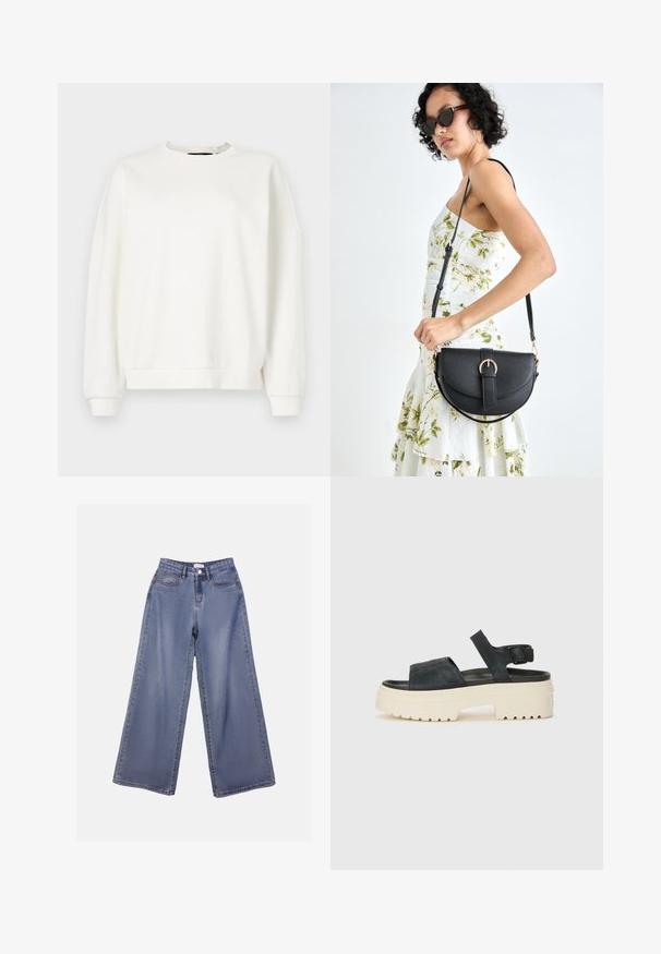 White sweatshirt featuring a round neckline, dropped shoulders, and elastic cuffs, made of soft, light fabric with a smooth texture.; Wide-leg denim jeans in a light blue wash, featuring a high waist, front pockets, and a button closure with belt loops.; Black suede platform sandals with a chunky white sole, wide front strap, and adjustable ankle buckle. Textured outsole for grip.; Black leather handbag with a curved shape, detachable strap, and gold hardware. The bag features a flap with a buckle detail.