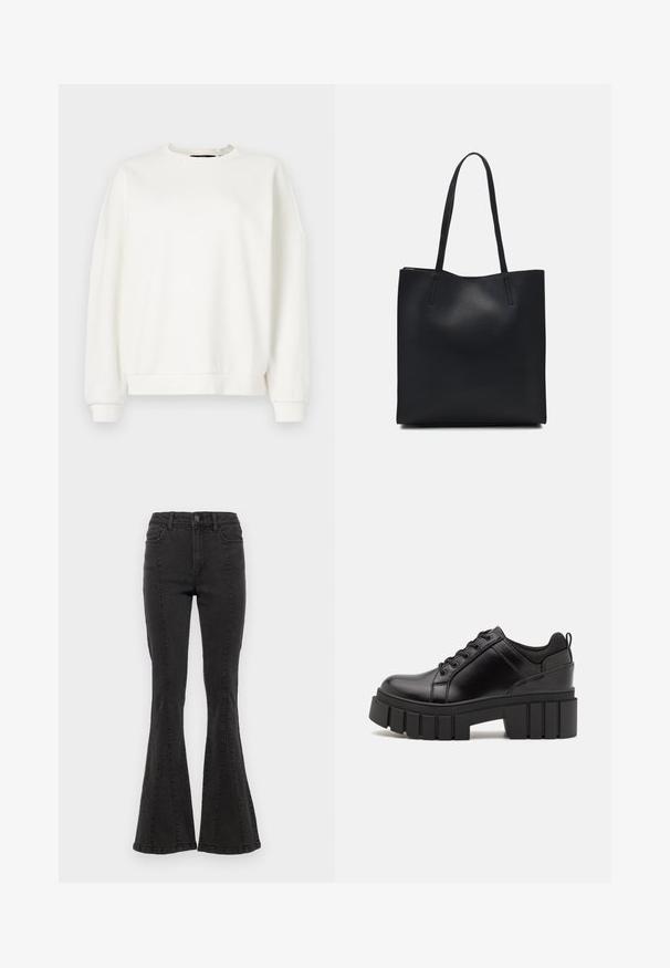 Biela mikina s okrúhlym výstrihom, spustenými ramenami a elastickými manžetami, vyrobená z mäkkého, ľahkého materiálu s hladkou textúrou.; Čierne denimové rozšírené džínsy s vysokým pásom, obsahujúce bočné švy a čistý okraj na leme. Látka má hladkú textúru s miernym elastickým efektom.; Čierne kožené platformy s masívnym blokovým podpätkom, okrúhlou špičkou a tradičným šnurovaním. Má hladký povrch a minimálne detaily.; Čierna kožená taška na rameno s hladkým povrchom, obdĺžnikovým tvarom a dvoma dlhými uchami. Bez viditeľného kovania alebo ozdôb.