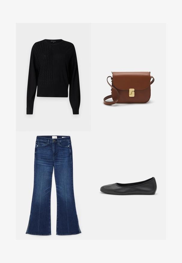 Svart stickad tröja med ett kabelmönster på ena sidan, långa ärmar, rund halsringning och ribbad nederkant. Mjuk textur.; Mörkblå utsvängda jeans i denim. Har hög midja, framfickor och slitsdetaljer vid fållen. Klassisk femficksdesign.; Svart läderballerinaskor med rund tå, slät yta, minimala söm detaljer och en flexibel sula.; Brun läderhandväska med klaffstängning, guldfärgad hårdvara, axelrem och en slät yta. Kompakt rektangulär form.