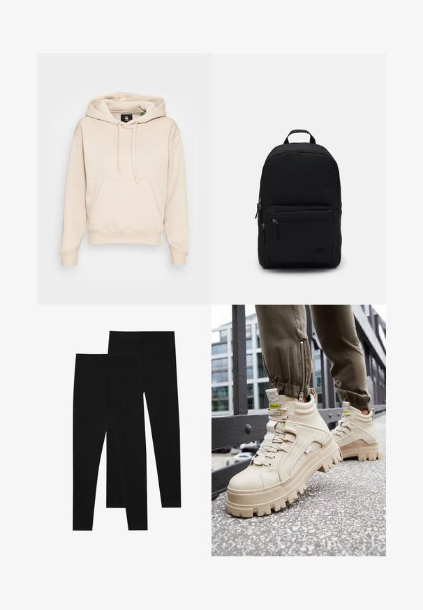 G-STAR PREMIUM CORE HOODED - Camisola - brick; Leggings pretos feitos de um tecido elástico, com uma cintura sem costuras e um design justo, adequados para uso casual ou exercício.; Ténis de cano alto bege com uma sola chunky e texturada, design de atar e etiquetas de destaque amarelas. Parte superior de couro texturado com costura em contraste.; Mochila preta feita de tecido durável, com uma forma arredondada, um bolso frontal com fecho e dois compartimentos com fecho. Pequeno logótipo em destaque na frente.