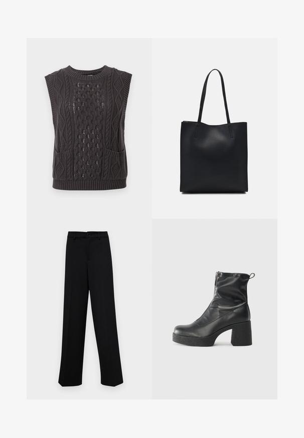 Dark gray knitted sleeveless sweater with intricate cable patterns, textured fabric, round neck, and two front pockets.; Black wide-leg trousers made of smooth fabric, featuring a classic waistband with a button closure and front pleats.; Black ankle boots made of smooth leather, featuring a side zipper, chunky textured heel, and rounded toe design.; Black leather tote bag with smooth texture, rectangular shape, and two long handles. No visible hardware or embellishments.